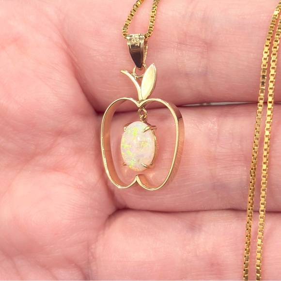 Vintage 14K Natural White Opal Apple Pendant: Filigree Gold Dangle Piece - Picture 7 of 14